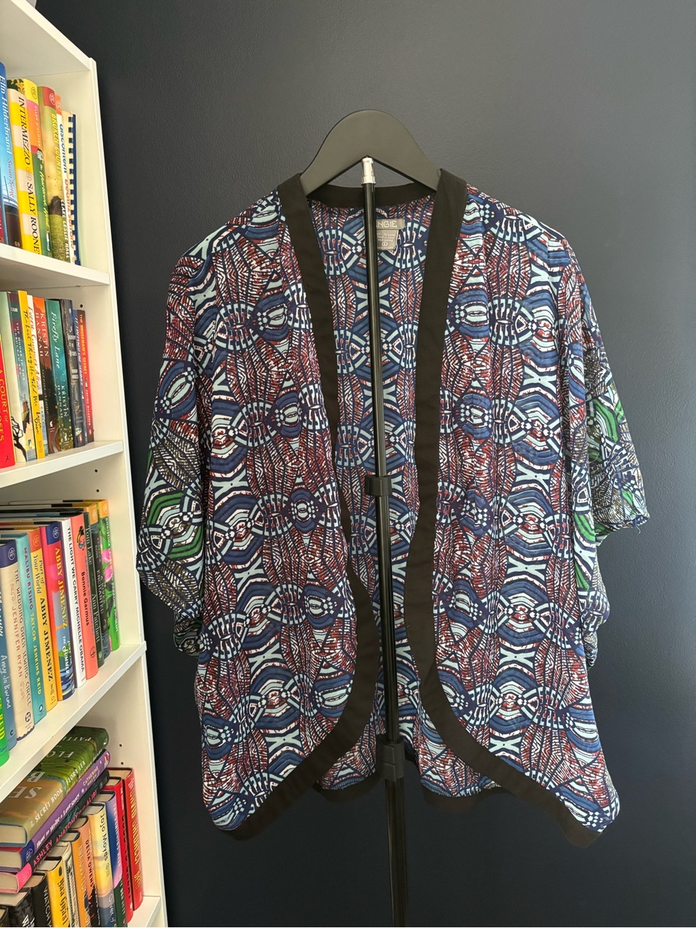 Angie Multicolor Printed Open-Front Kimono Jacket with Black Trim